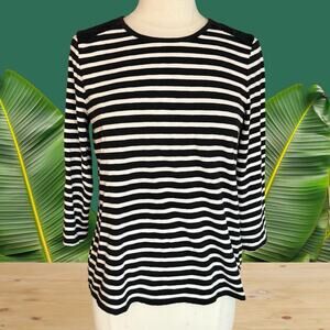 Talbots Striped Top Sz M Womens Lace Accent Yoke HiLo 3/4 Sleeves Preppy Coastal